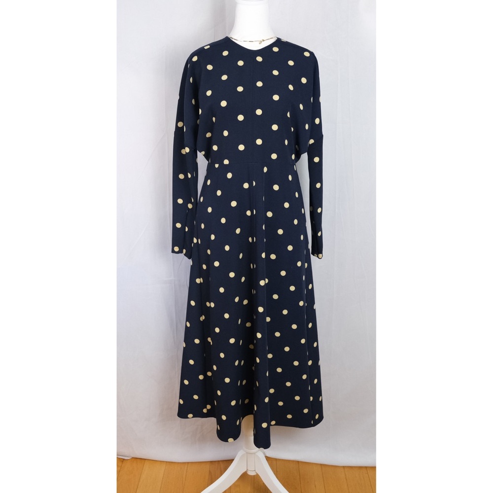 Sfera polka dot navy blue long sleeve dress. Size M